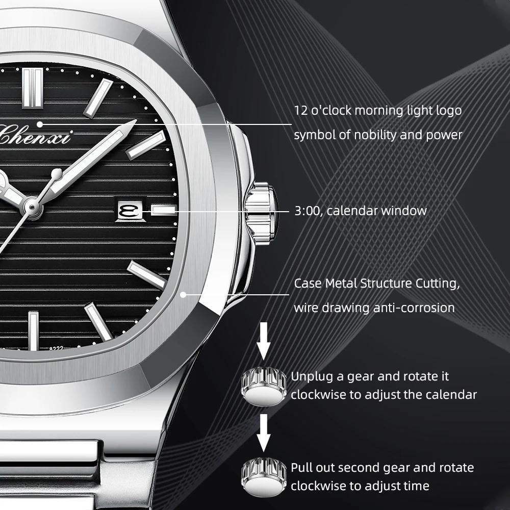 CHENXI Solid Stainless Steel Strap Quartz Watch Men Octagonal Alloy Case Striped Dial Business Men's Wristwatches with Calendar