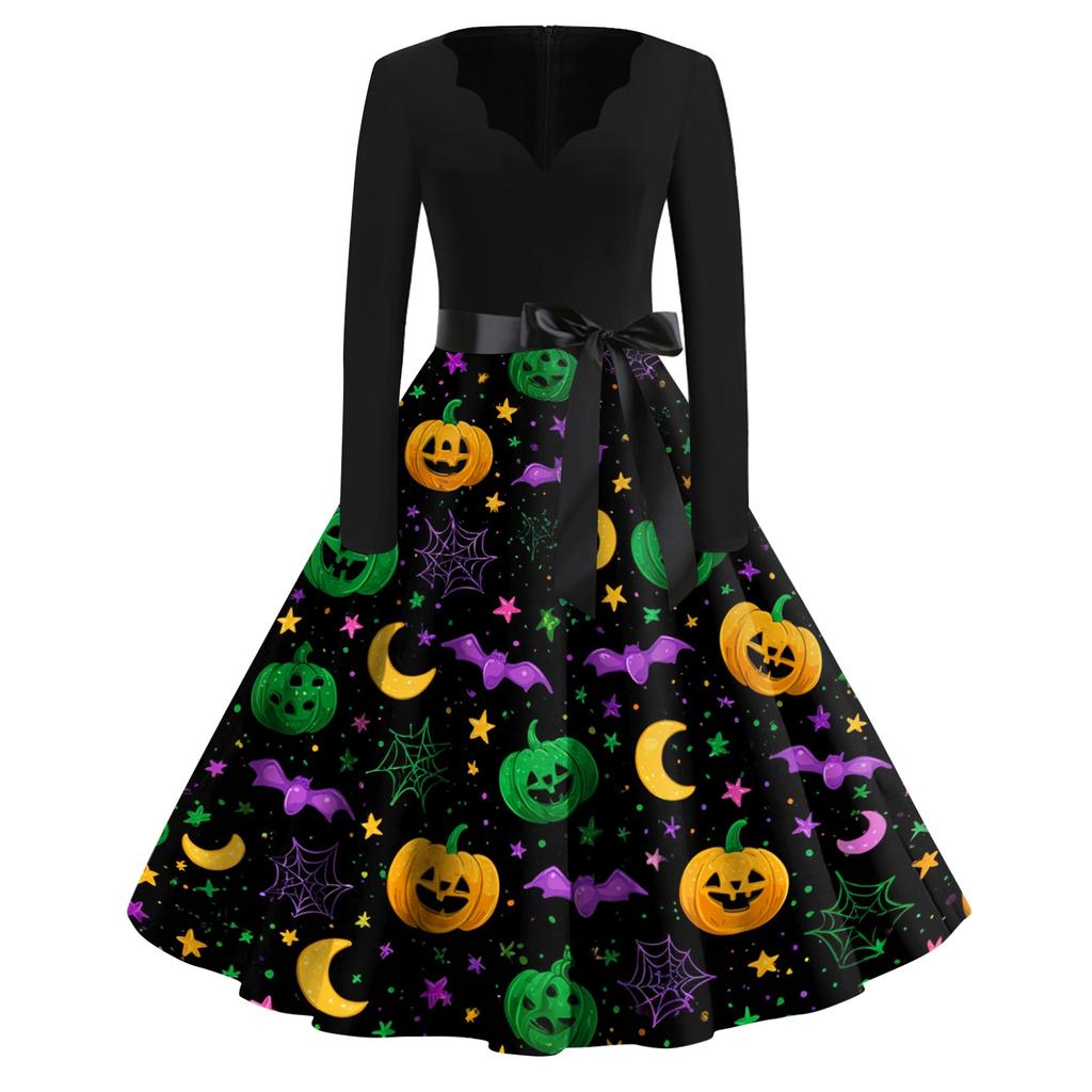 Women's Casual V Neck Halloween Print Vintage Dress Long Sleeve Retro Swing Skirt Belted Waistline Classic Fit Flared Hem