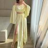  European and  Women's New One-Neck Long Sleeve Short Top High Waist Split Wide Leg Pants Set