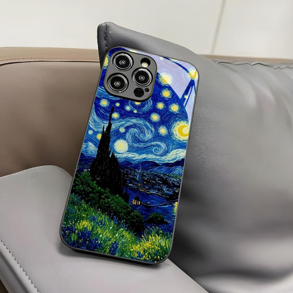Van Gogh Oil Painting Phone Case for Iphone 17 Air 16 15 14 12 11 13 Pro Max Mini X Xr Xs Puls Black Glass Cover