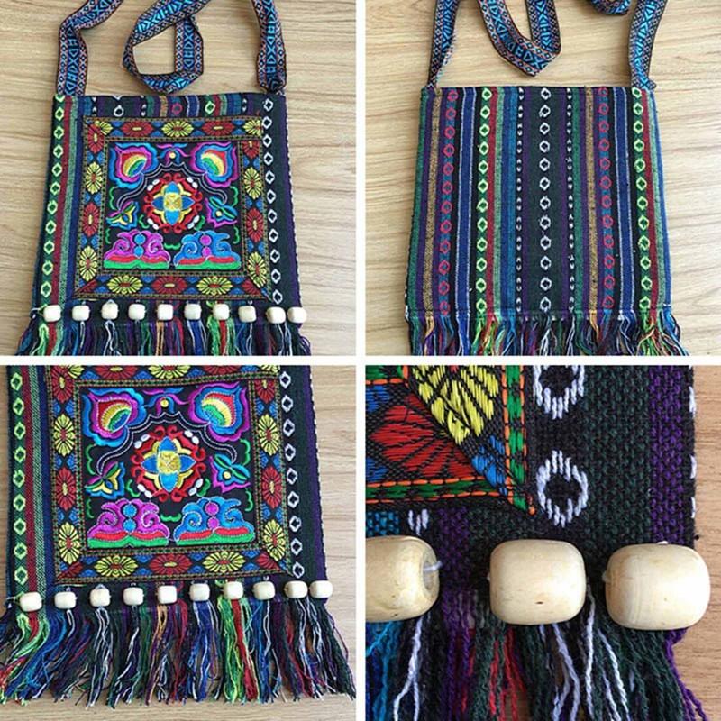 Women Vintage Tribal Ethnic Thai Indian Boho Tassel Cotton Linen Shoulder Bag Embroidery Flower Tapestry Tote Messenger Bags