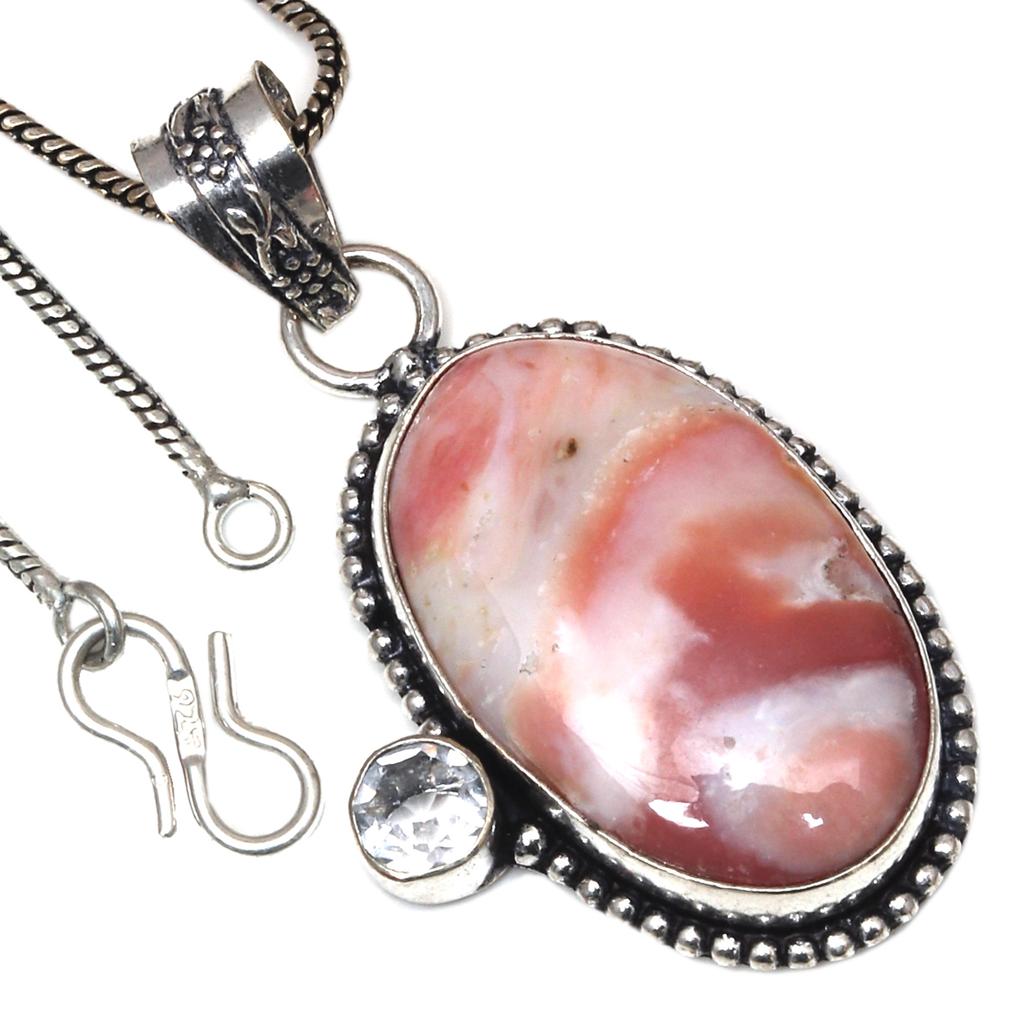 Pendant Pink Opal Swiss Blue Gemstone Valentine'Day Gift Silver Jewelry 2.25"