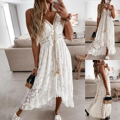 Summer Women's Fashion Temperament V-neck White Lace Irregular Maxi Dress