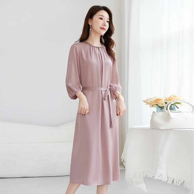 Mulberry Silk Dress Women's 2026 Summer New Round Neck Lantern Sleeve Mulberry Silk Temperament Fashionable High-end