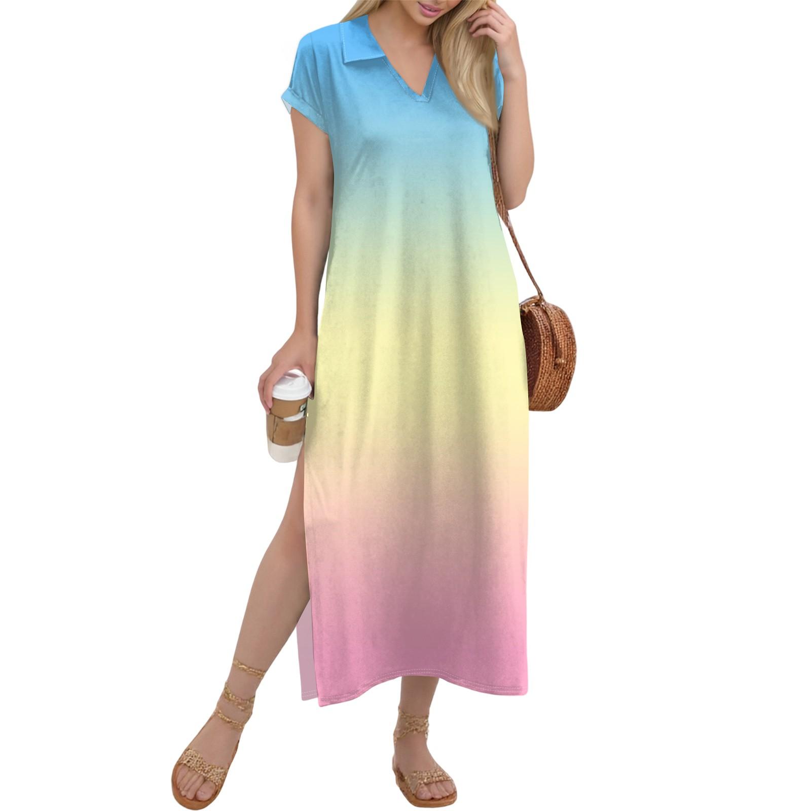 

Женское длинное платье-рубашка с V-образным вырезом, повседневное, с коротким рукавом и свободным разрезом S бежевый