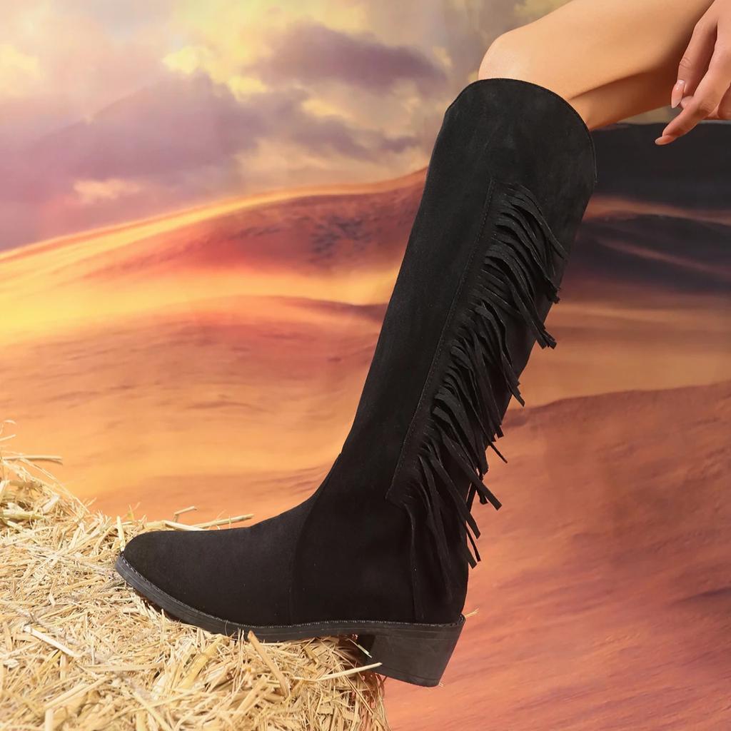 Retro Women's Tassel Shoes New 2024 Pointed Thick Bottom Long Boots Autumn Winter Versatile Outdoor Cowboy Knight Boots Women's