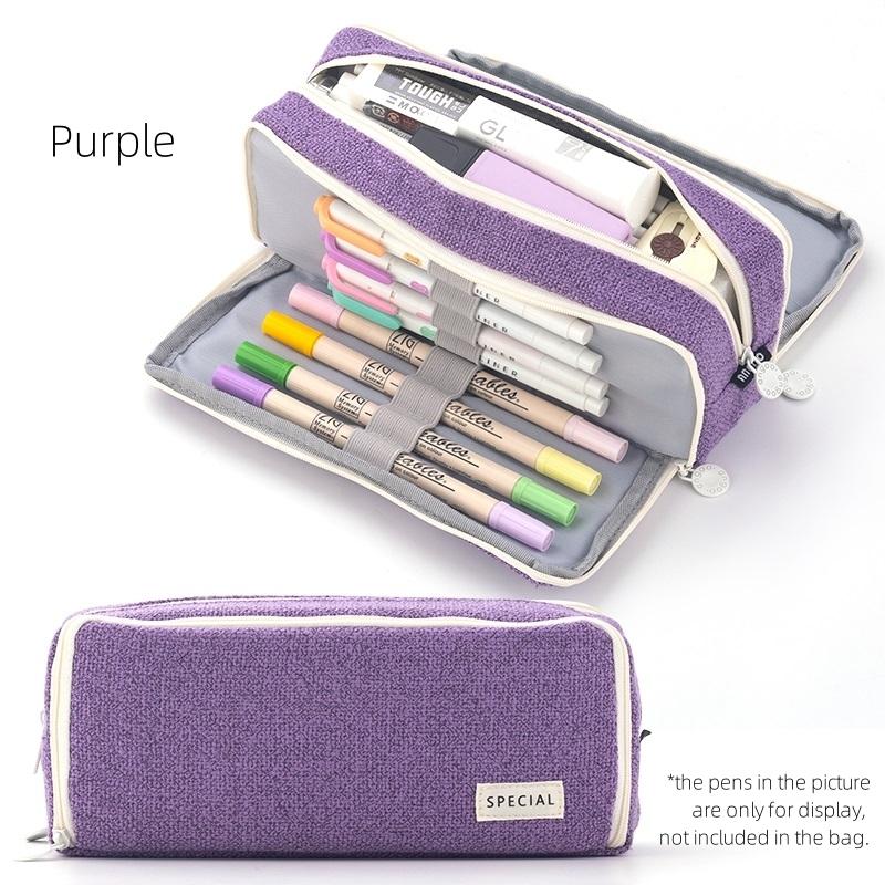 Angoo Linen Type Cloth Pencil Case Pen Bag 3 Compartments Storage Pouch Organizer for Stationery
