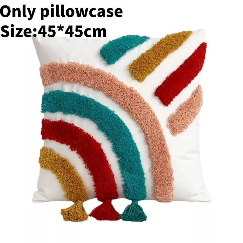 Bohemian Style Rainbow Pillow Cover Soft Cotton Linen With Tassels And Embroidery