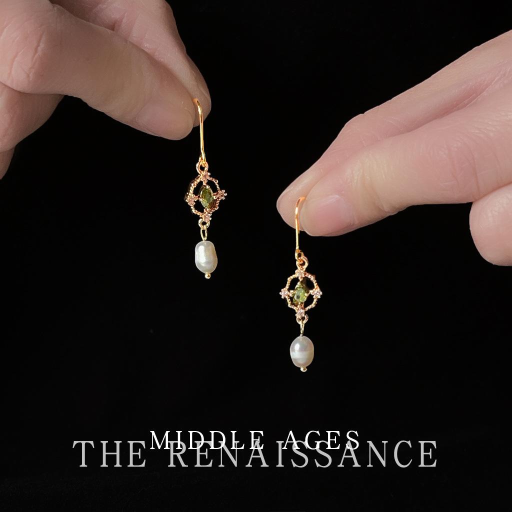 Medieval freshwater pearl green zircon earrings French retro court style ear hook earrings