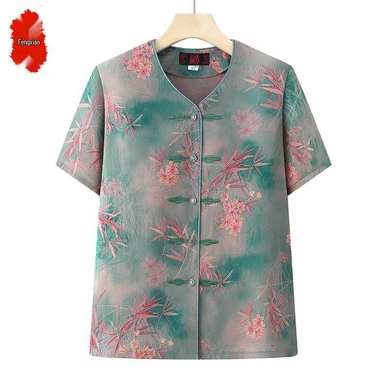 Women s Floral V-Neck Short Sleeve Blouse 2XL зелёный