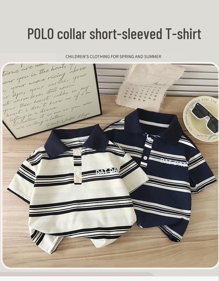 2025 Kids' Striped POLO Shirt - Unisex Summer Lapel Short Sleeve Color Block Top, Korean Style