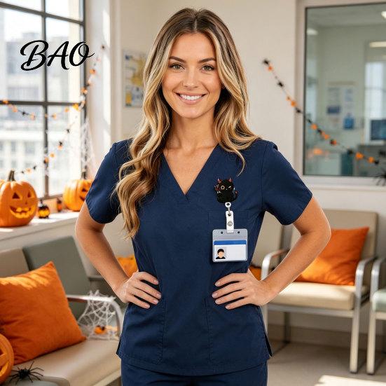 Cute Black Cat Id Card Reel Halloween Pumpkin Badge Reel, Retractable with 360 Degree Rotating Clip, Work for Nurses Acrylic Decorative ID Holder And