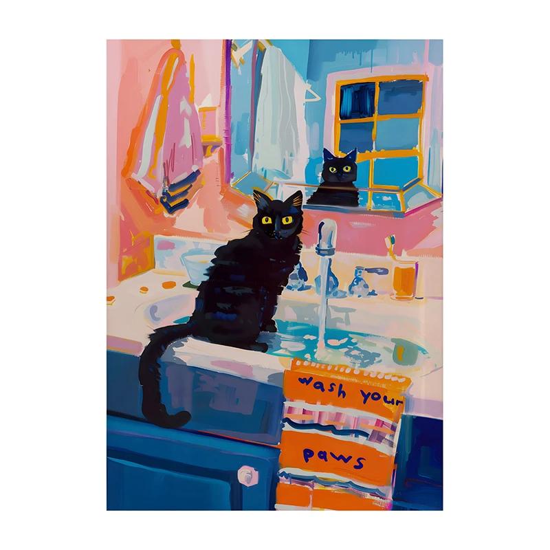 Poster Decorazione Bagno Massimalista Pittura su Tela Gatto Trendy Stampa Dopamina Estetica Kitsch Quadri per Decorazione Casa