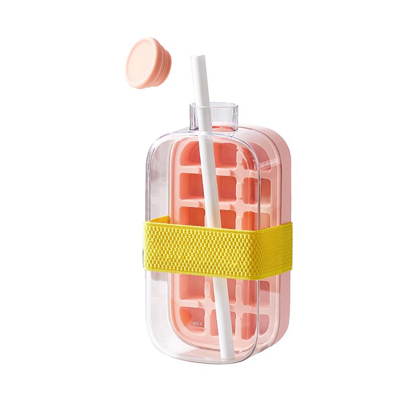 Ice Cube Bottle With Straw, 2-in-1 Touch-Free Ice Cube Tray Water Bottle, Leakproof Silicone Ice Mold For Freezer, Coffee, Juice