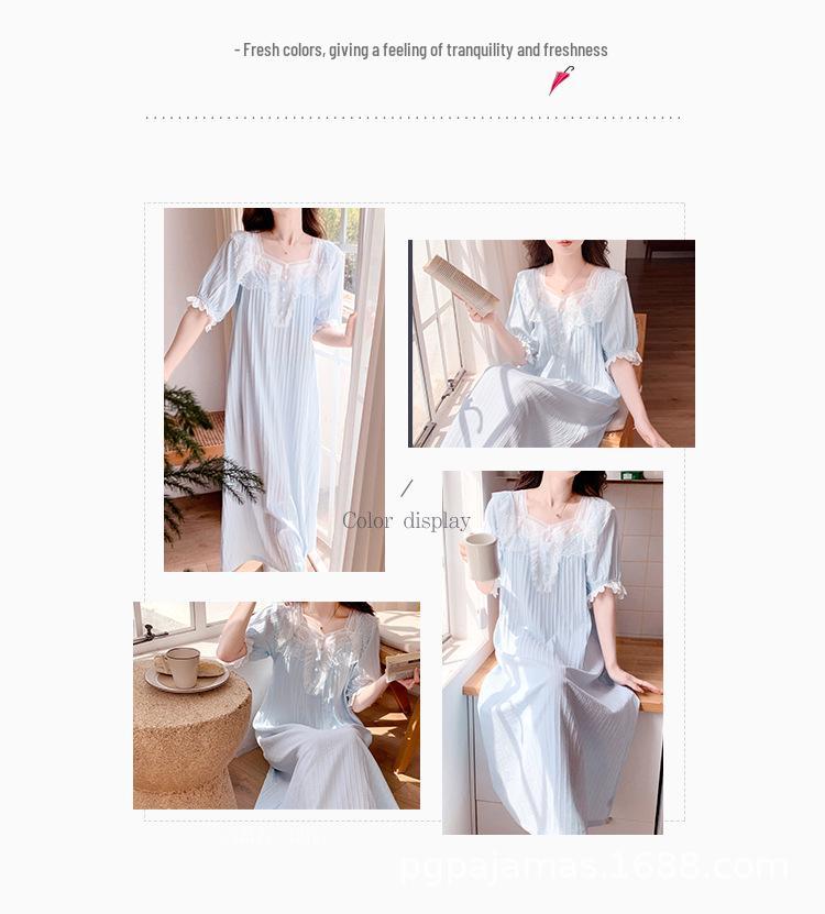 Women's French Court-Style Nightgown with Built-In Bra, Summer Princess Pajamas, Pure Cotton Long Dress, Loungewear