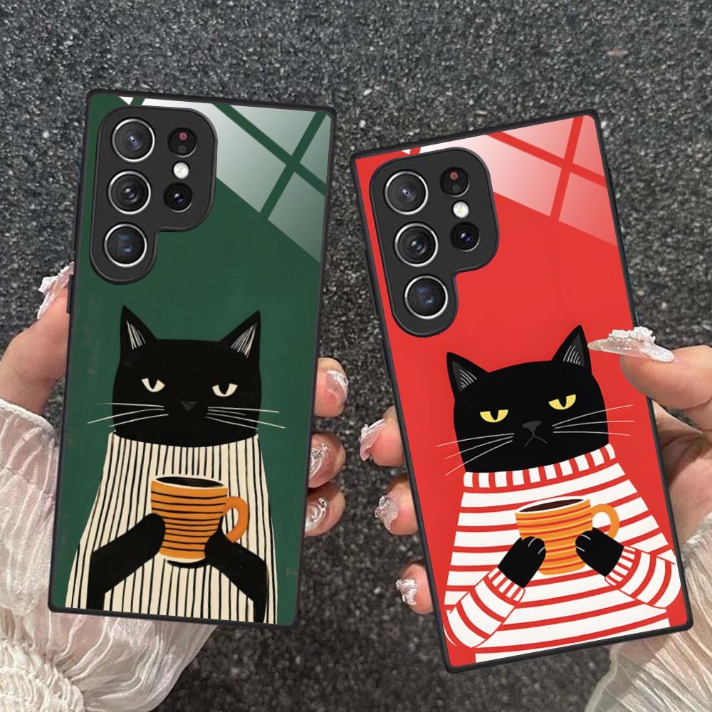 Cute Coffee Cat Glass Mobile Phone Case for Samsung Galaxy S26 S25 S24 S23 S22 S21 S20 Note20 Plus FE Ultra Colorful Cover