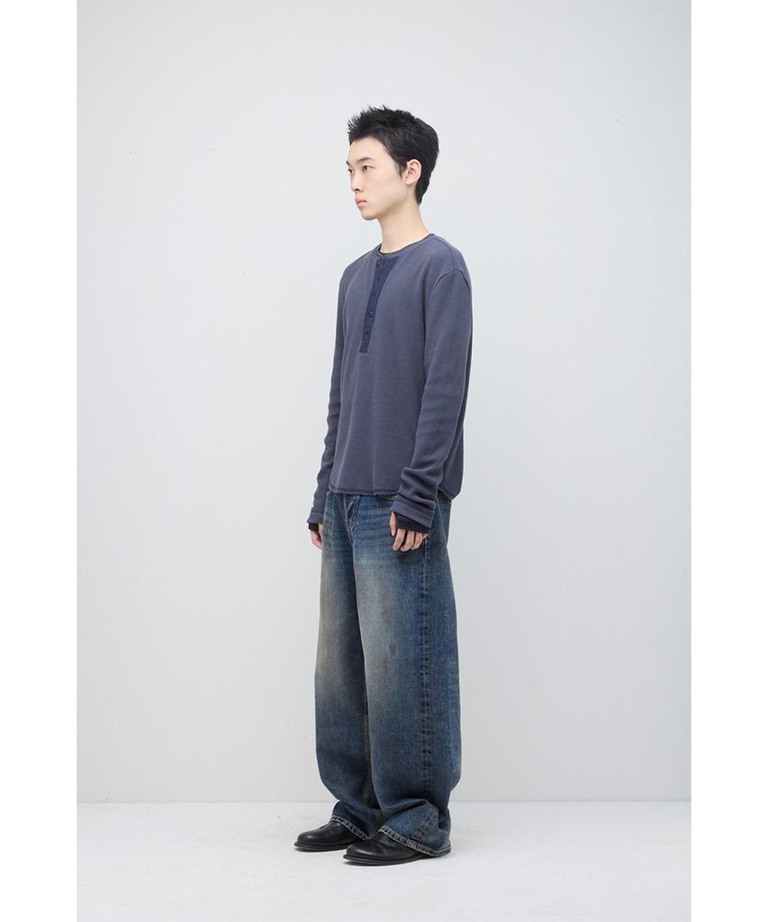 HATCHINGROOM Thermal Henley Tee Blue Charcoal