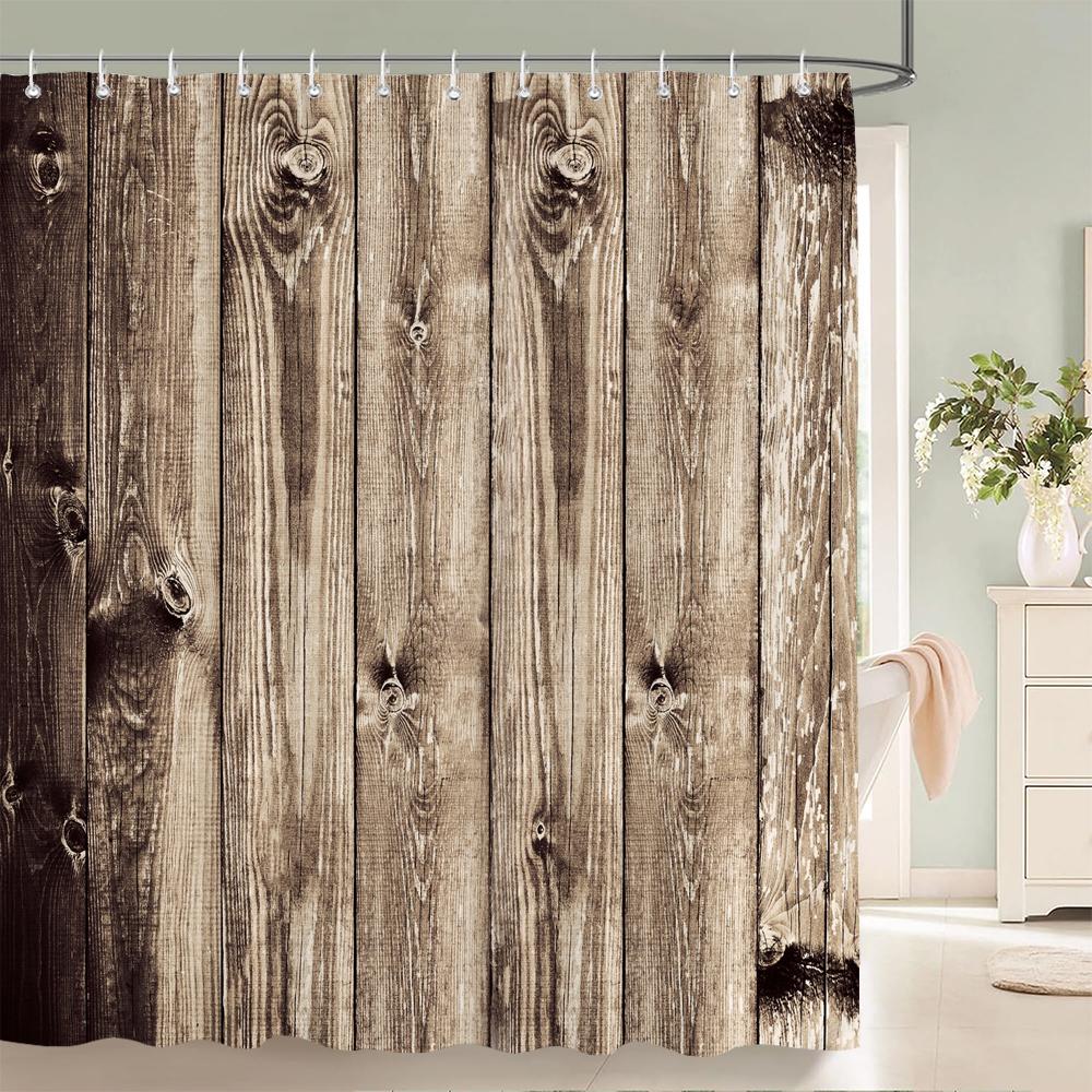 1Pcs Imitation Wood Grain Printed Fabric Waterproof Shower Curtain, Stripe Pattern Bathroom Decoration Curtain, With Hooks