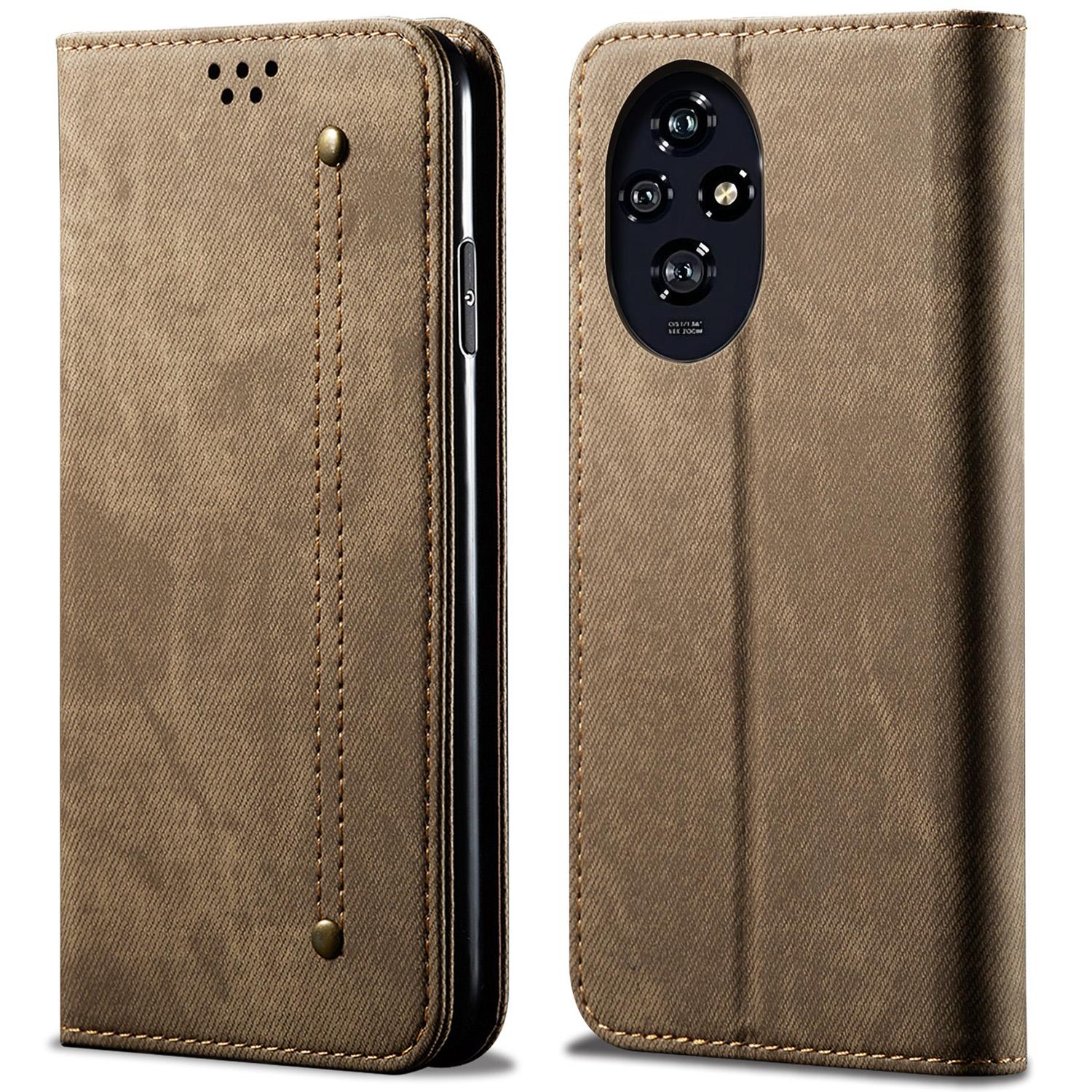 

For Honor 200 Pro 5G Case Leather Jeans Cloth Texture Phone Cover Magnetic Absorption Khaki