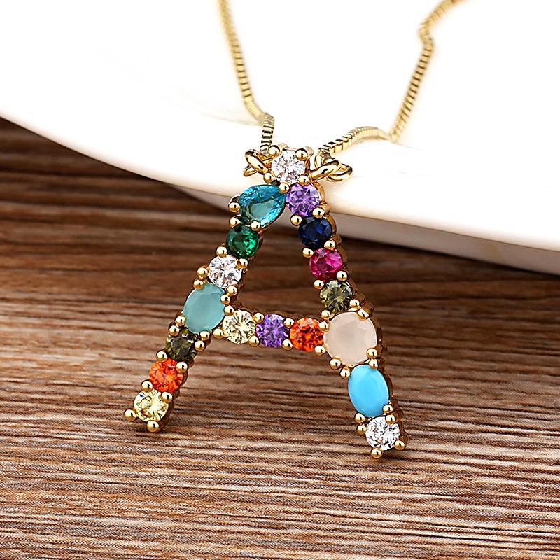 Nidin High Quality Wholesale 26 Letters Multi-color Zircon Necklace Copper Pendant Women Girl Fine Party Jewelry Family Gifts