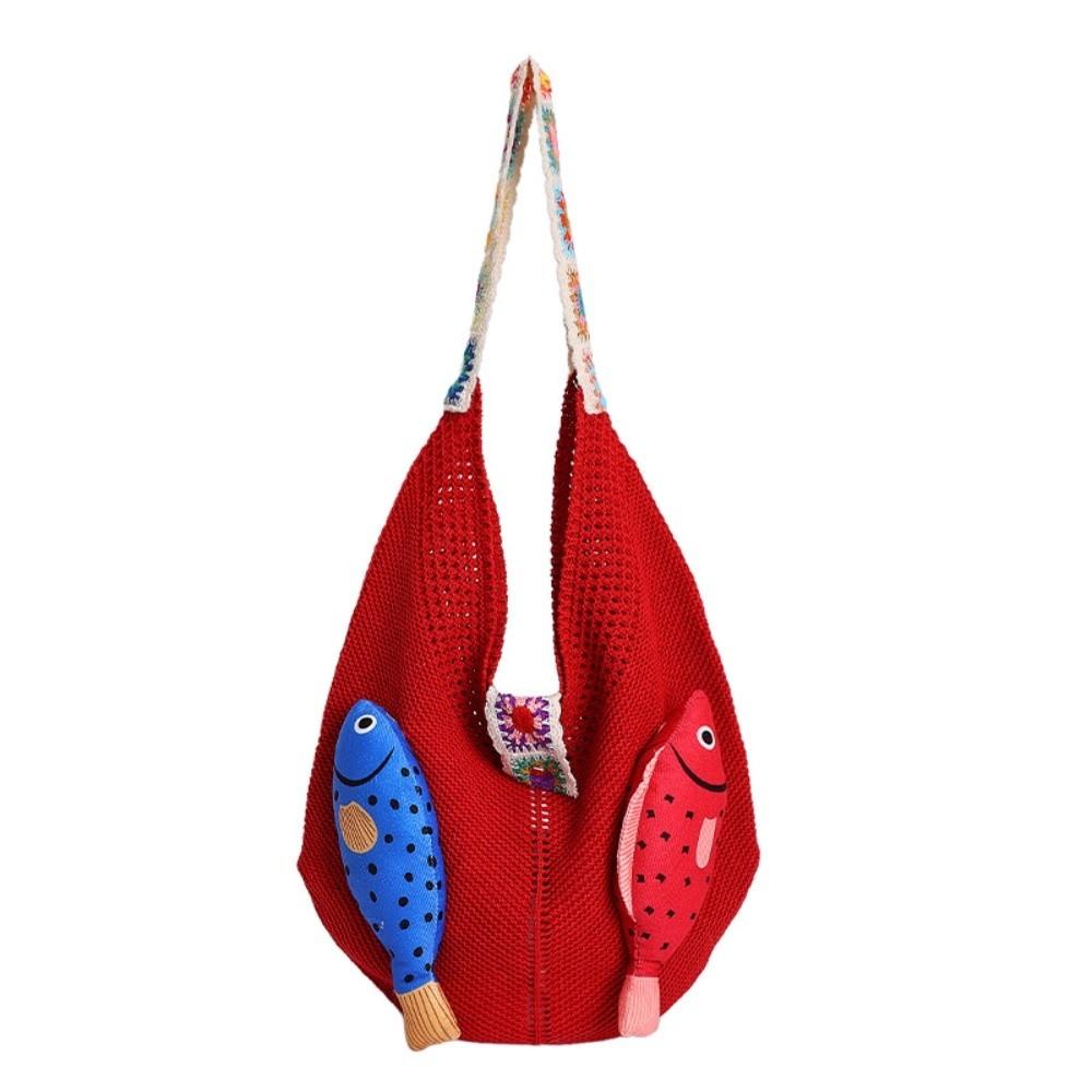 Fish Hollow Out Woven Bag Magnetic Buckle Tassels Beach Handbag Cotton Crochet Shoulder Bag  Beach