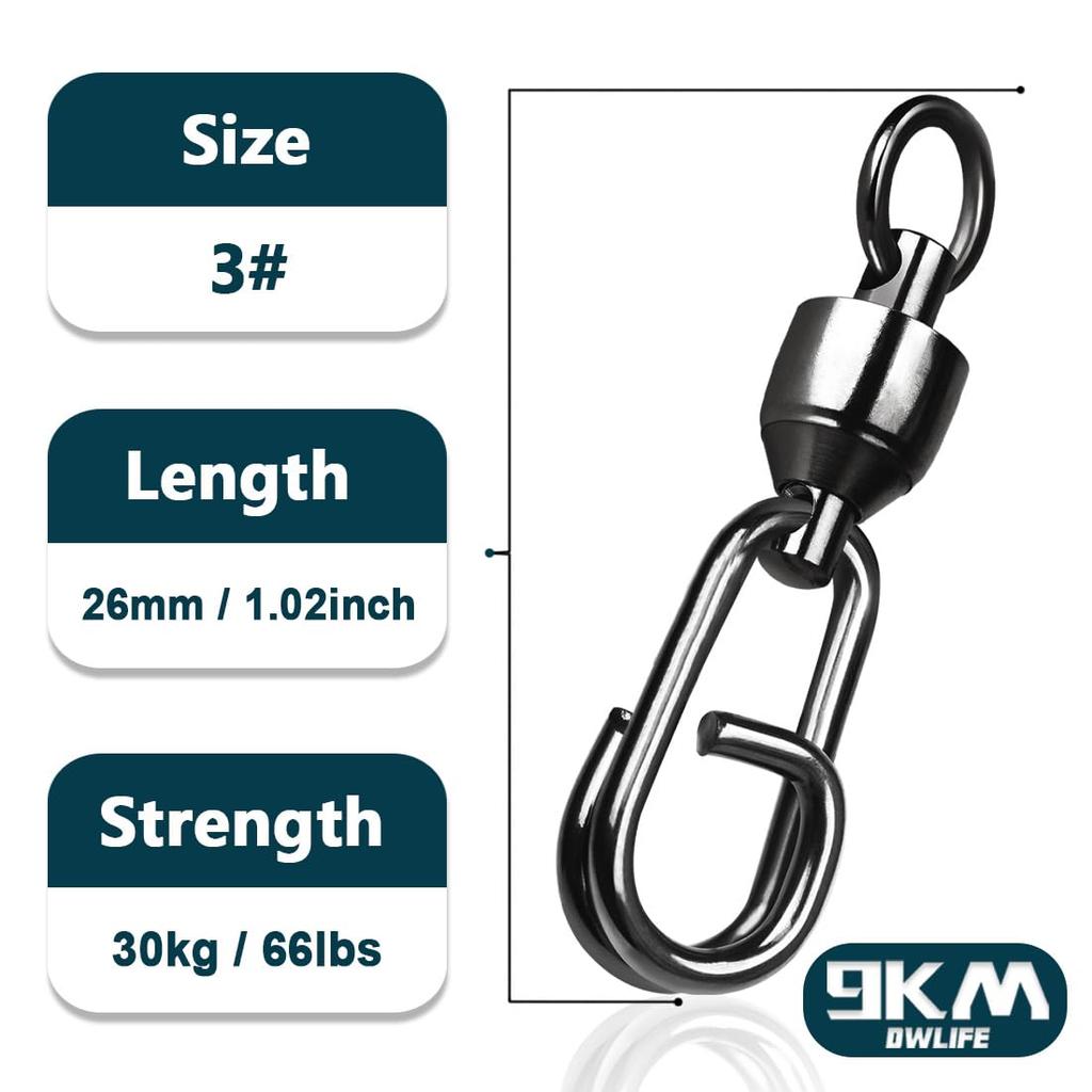 9KM DWLIFE Swivel Snap Black Set of 25 Ball Bearing Stainless Steel High Strength High Speed Rotation Corrosion Resistant Quick Change Fishing Tools