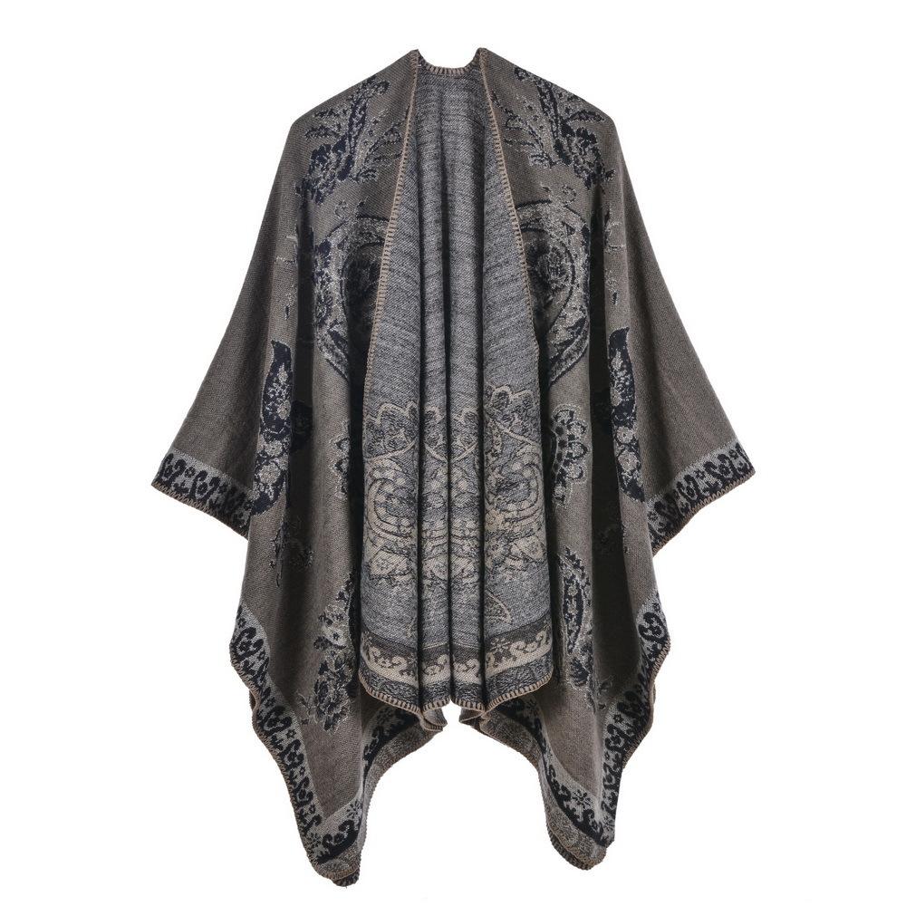 Foreign Trade Fashion Slit Imitation Cashmere Scarf Shawl European American Retro Cashew Flower Fork Warm Cloak Jacket