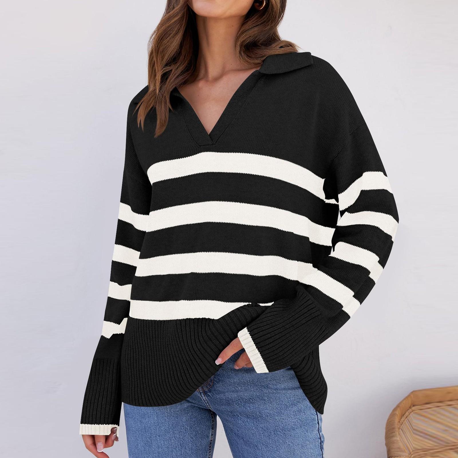 

Женский повседневный модный удобный темпераментный свободный свитер в полоску с цветным лацканом L чёрный