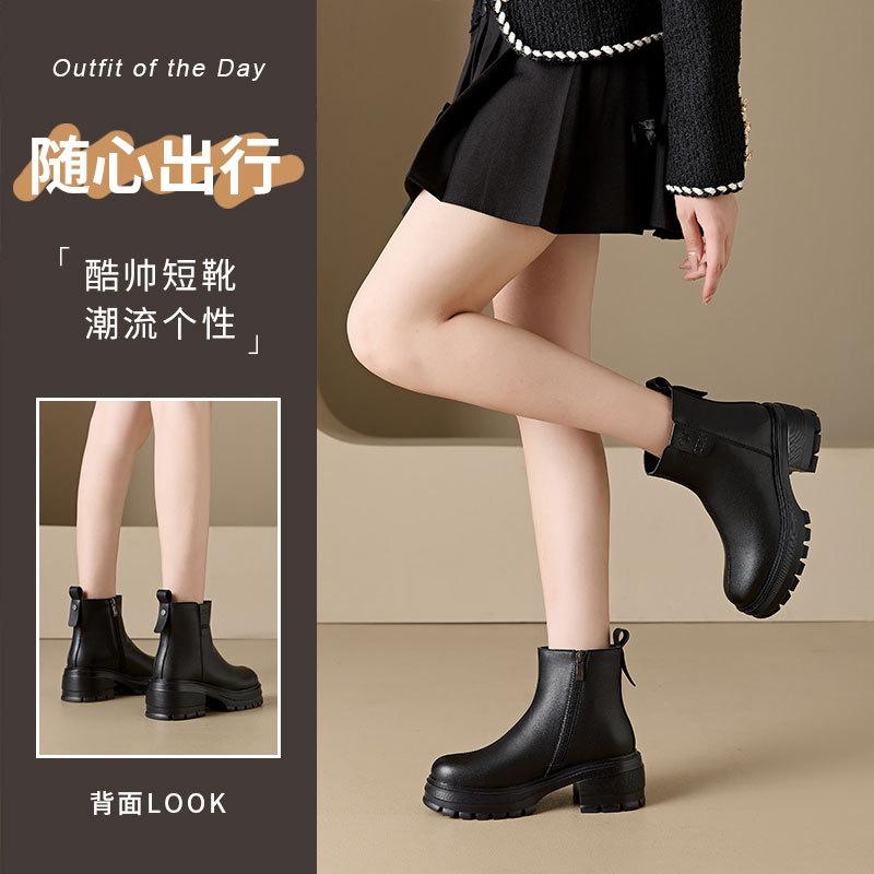 Autumn and winter leather high-heeled Martin boots women's platform short boots retro slim knight boots British versatile medium women's boots