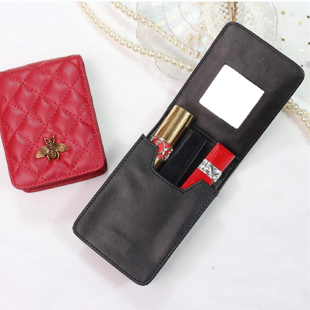 YOYIMONO Lipstick Case with Cosmetic Genuine Cowhide Mini Lipstick Makeup Pouch with Mirror Mirror, Pouch, Leather, Pouch, Storage, (Black)