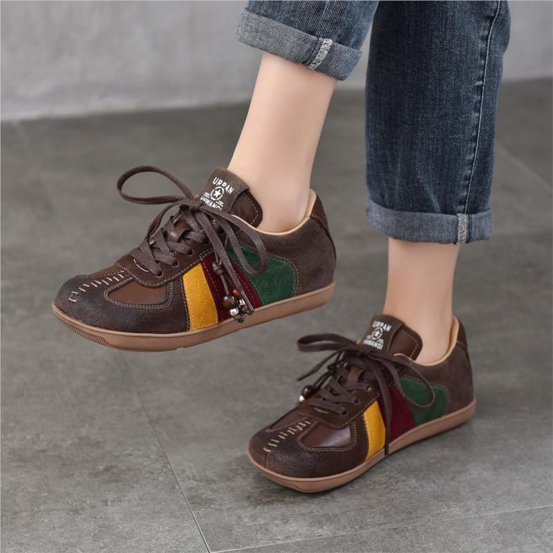 Johnature Flat Lace Up Women's Shoes Genuine Leather Retro Mixed Colors Versatile All Season Shoes