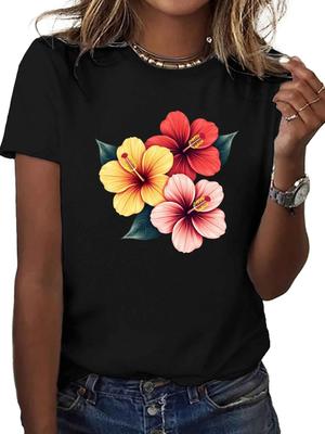 Women's Short Sleeve T-Shirt Bright Hibiscus Flower Print Comfortable Fit Round Neck Black Casual T-Shirt for Casual Wear