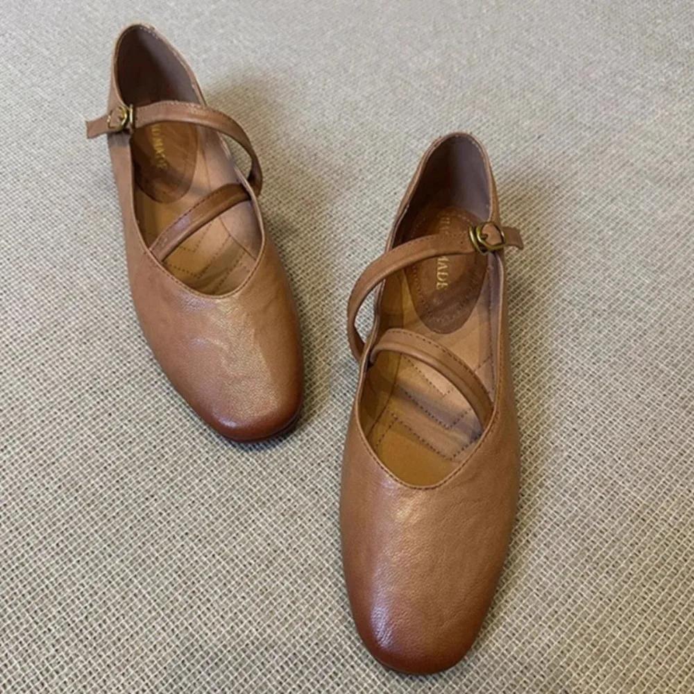 Flats Mary Jane Shoes Women Retro Sole Leather Ballet 2026 Spring Trend Dress Elegant Shoes Casual Shallow Comfort Zapatos Mujer