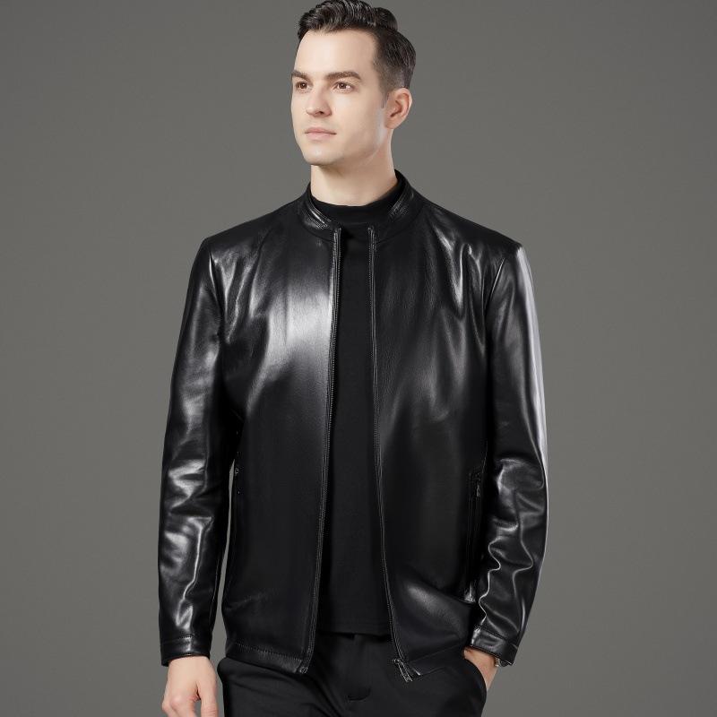 Genuine Leather Jacket Men's Sheepskin Autumn and Winter Stand-up Collar Daddy Leather Jacket Middle-aged Plus Velvet Warm Jacket