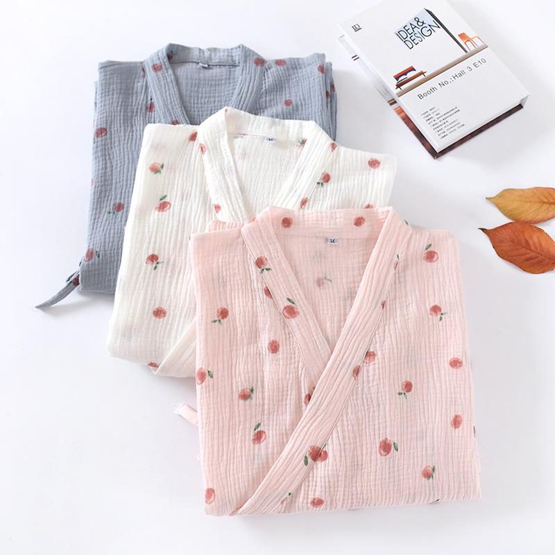 Japanese Kimono Spring and Autumn Ladies Cotton Crepe Cloth Nightgown Pajamas Bathrobe Household Clothes Spring and Summer Robe