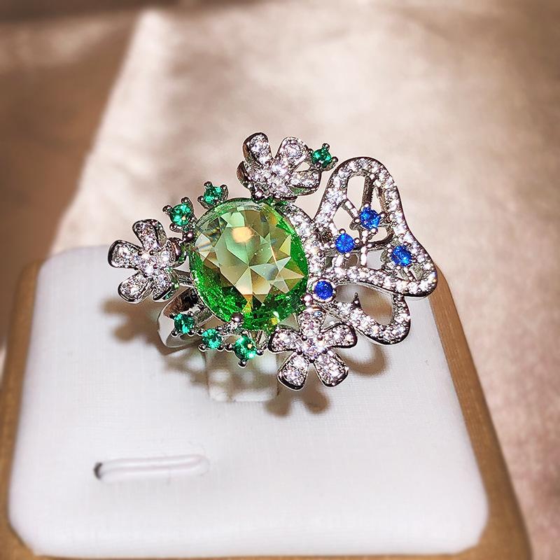 New Small Fresh Flower Oval Green Zircon Ring For Women  Silver Cutout Jewelry Wedding Goddess Festival Gift