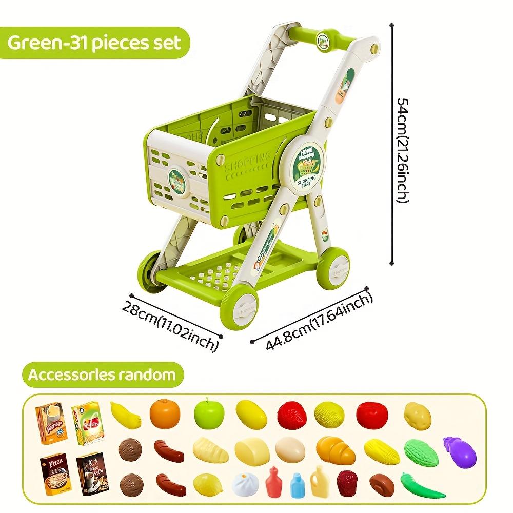 

Набор детской тележки для покупок, 31 шт., красный и зеленый, из другого пластикового материала, с игровой едой, фруктами, овощами, десертами и аксессуарами для магазина