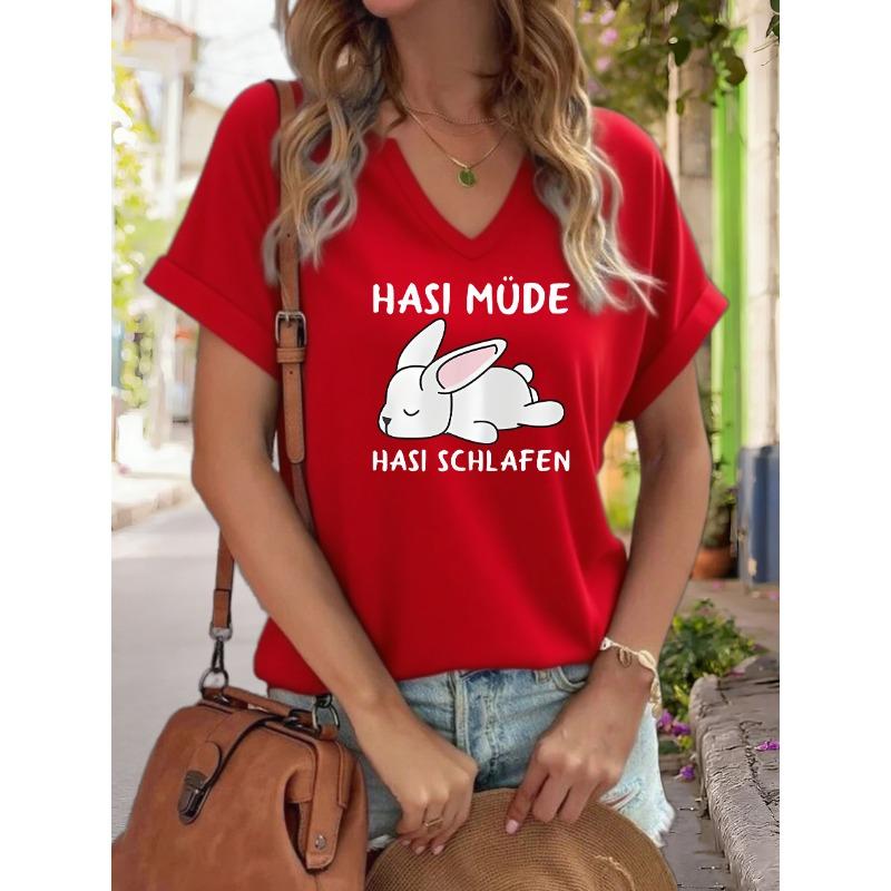 Women's V-Neck "Hasi Müde Hasi Schlafen" Graphic Tee, Cute Sleepy Rabbit Print T-Shirt, Casual Short Sleeve Loungewear Top