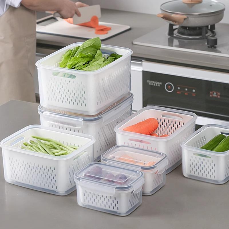 Japanese Double-Layer Food Storage Box with Draining and Fresh-Keeping Function for Refrigerator and Freezer Use.