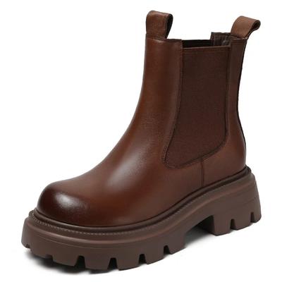 Fashion 5.5CM Genuine Leather Mid Calf Boots Women British Retro Style Wide Head Thick High Heel Platform New Winter Warm Chelsea Boots