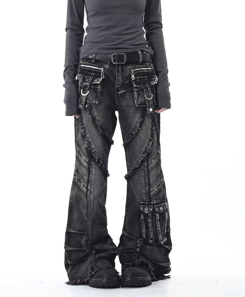 Women's Washed Micro-Flare Jeans with Frayed Edges and 3D Pockets