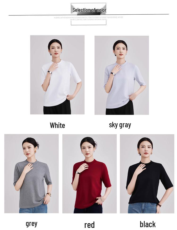 High-End Women's Ribbed Crew Neck Mid-Sleeve T-Shirt
