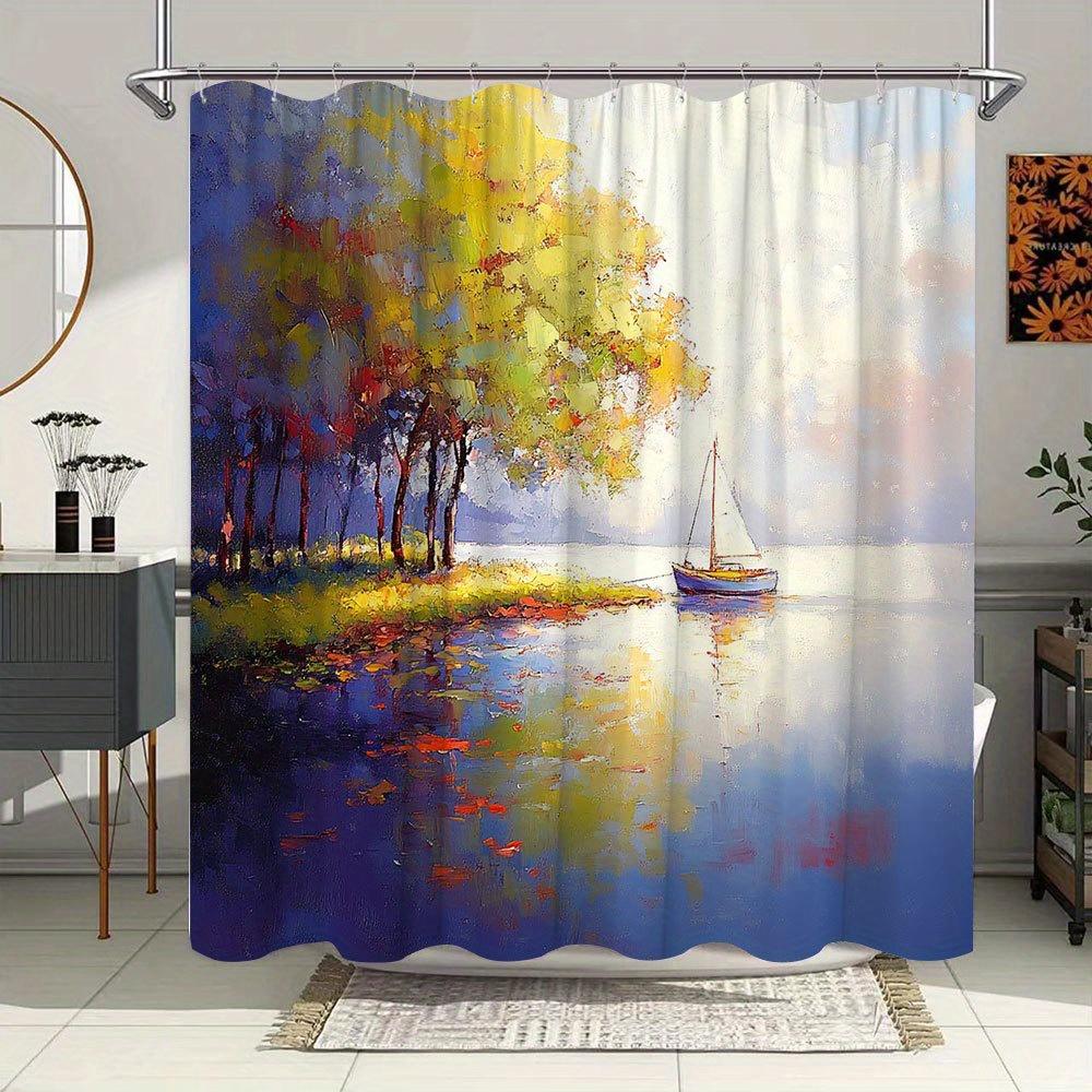 1 Stück Segelboot-Duschvorhang am See - Impressionistische Herbstbaum-Reflexionen, Ruhiges Wasser & Weiße Bootskulisse, Heller Blauer Himmel Morgengrauen