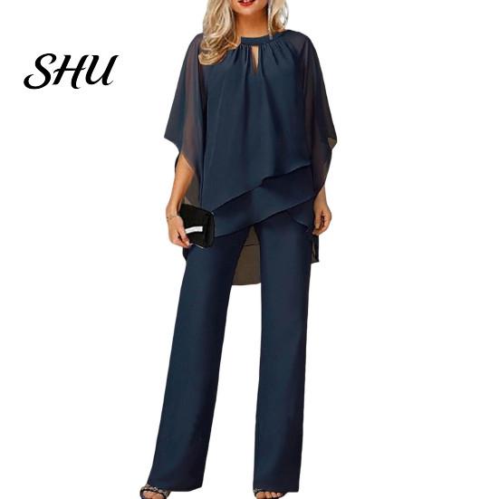 Solid Color Two-piece Suit 2 Pcs/Set Women Top Pants Set Hollow Out Half Sleeve O Neck Irregular Half-sleeve And Trousers Layered Hem Wide Leg