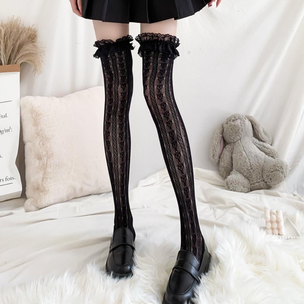 Women Lolita Fishnet Thigh High Socks Japanese Style Heart Striped Lace Patterned Over Knee Long Stocking Jk Girls Cos Stockings