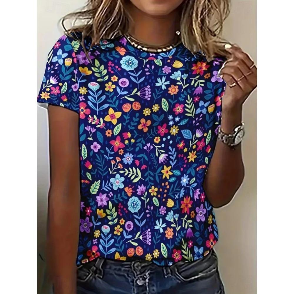 Mode Damen Retro Kreativ Kleiner Blumendruck T-Shirt Lustig Lässig Rundhalsausschnitt Kurze Ärmel T-Shirt Sommer Damen T-Shirt