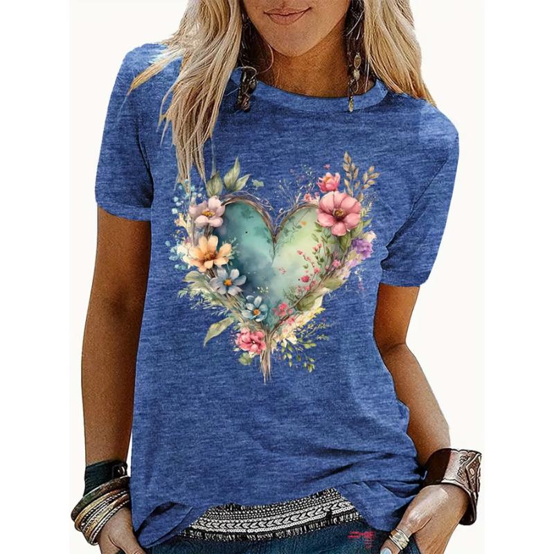

Women s Summer Short Sleeve T-Shirt - Watercolor Heart Print (Flowers & Vines), Soft & Comfortable, 5 Colors for Casual Outings, XL