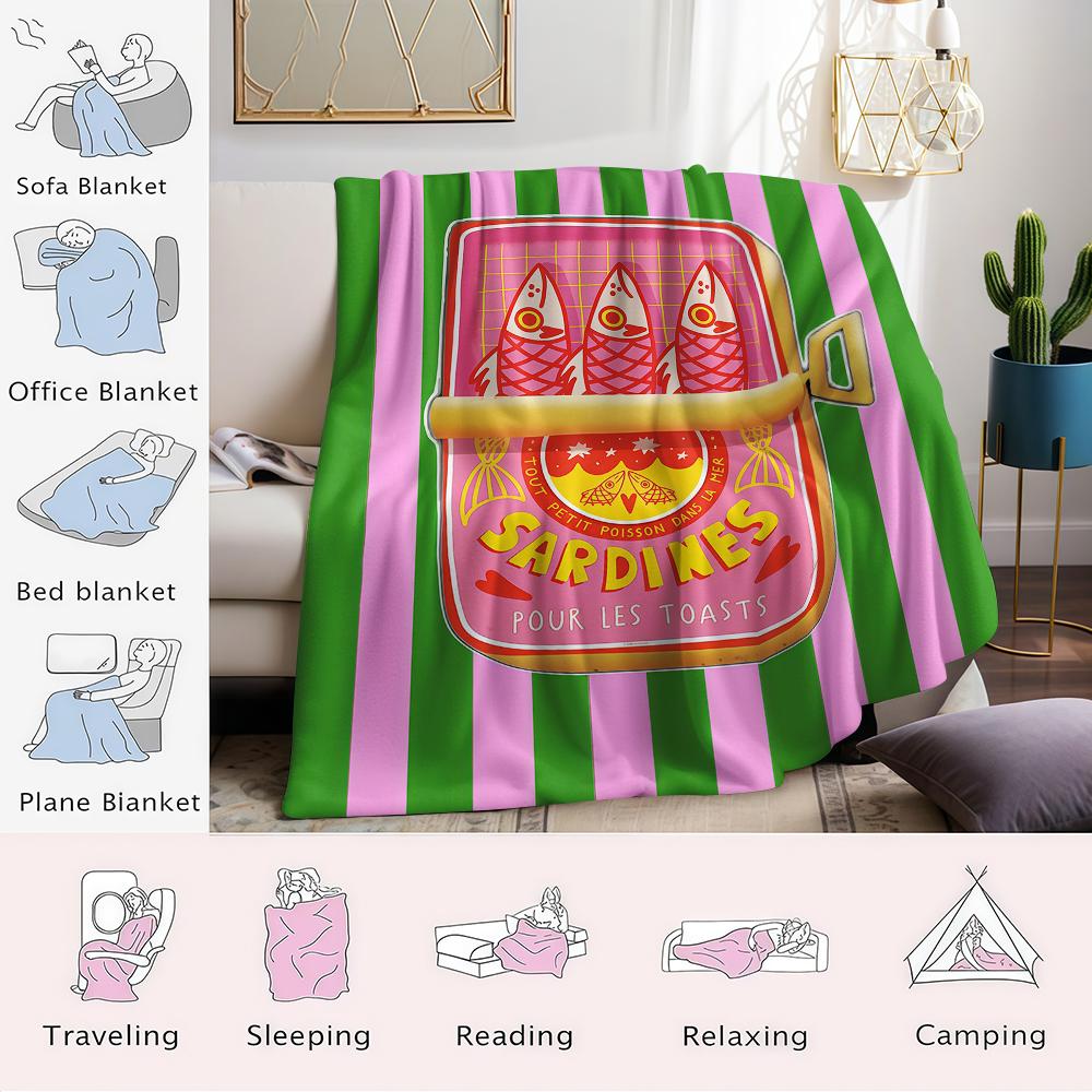 Sardines green pink stripe Flannel Blanket Warm Soft Halloween Christmas Couch Warm Cozy Decorative Decor Gift for All Season