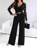 Women's Lace Patchwork Long Sleeve Jumpsuit with Belt and Wide-Leg Pants