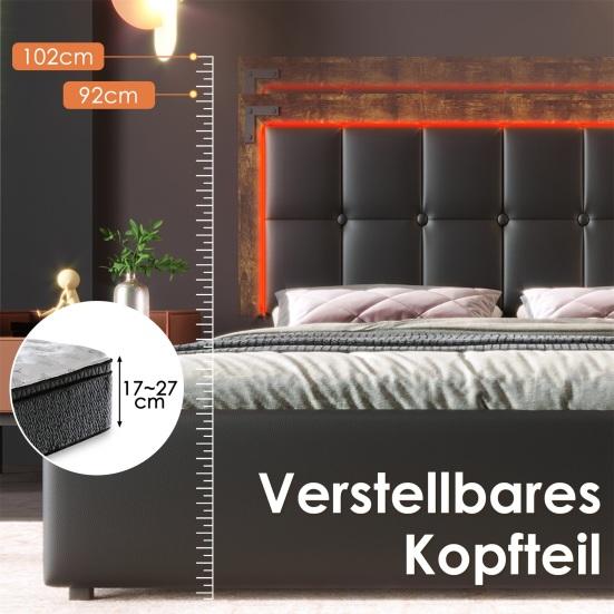 Bed Frame with LED Lighting Bar and 4 Drawers, Double Bed Upholstered Bed 140x200cm, Height-Adjustable Headboard, Functional Bed, Faux Leather Black